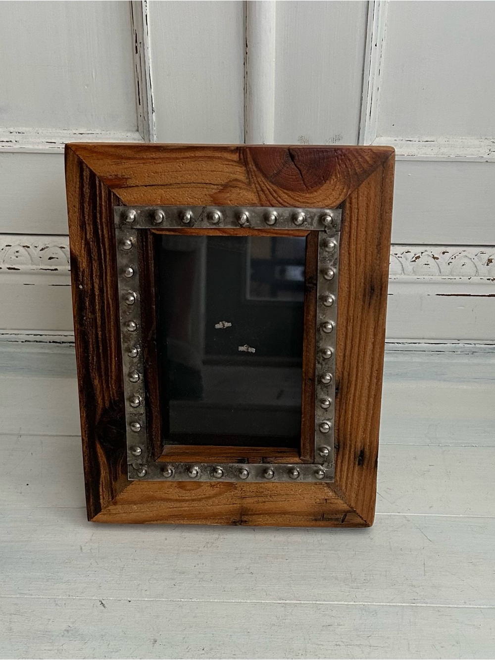 Rustic Wood Picture Frame with Studded Metal Accent - Brown